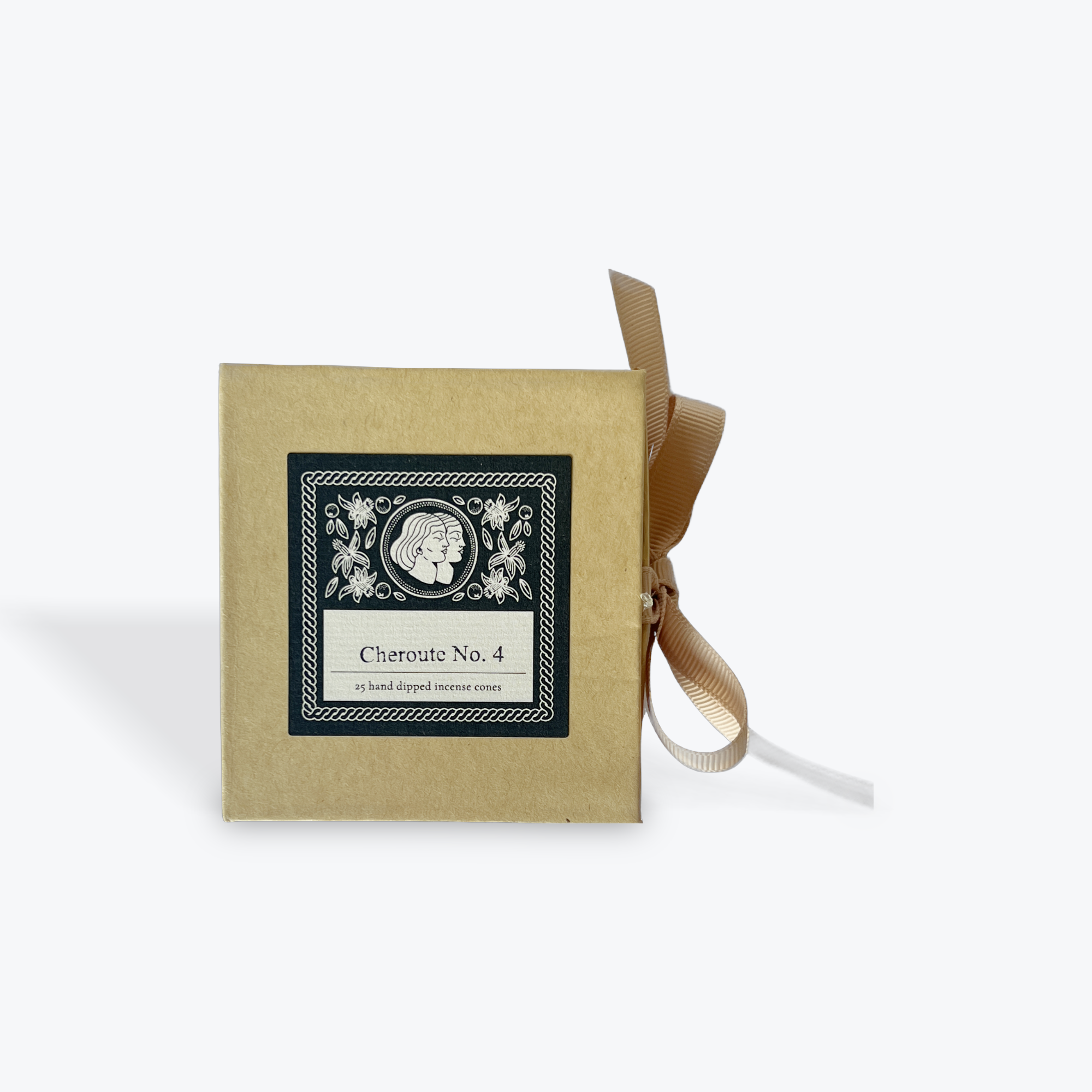 A square kraft paper box with a black and white decorative label reading 'Cheroute No. 4' and a tan ribbon tied in a bow, photographed on a light gray background.