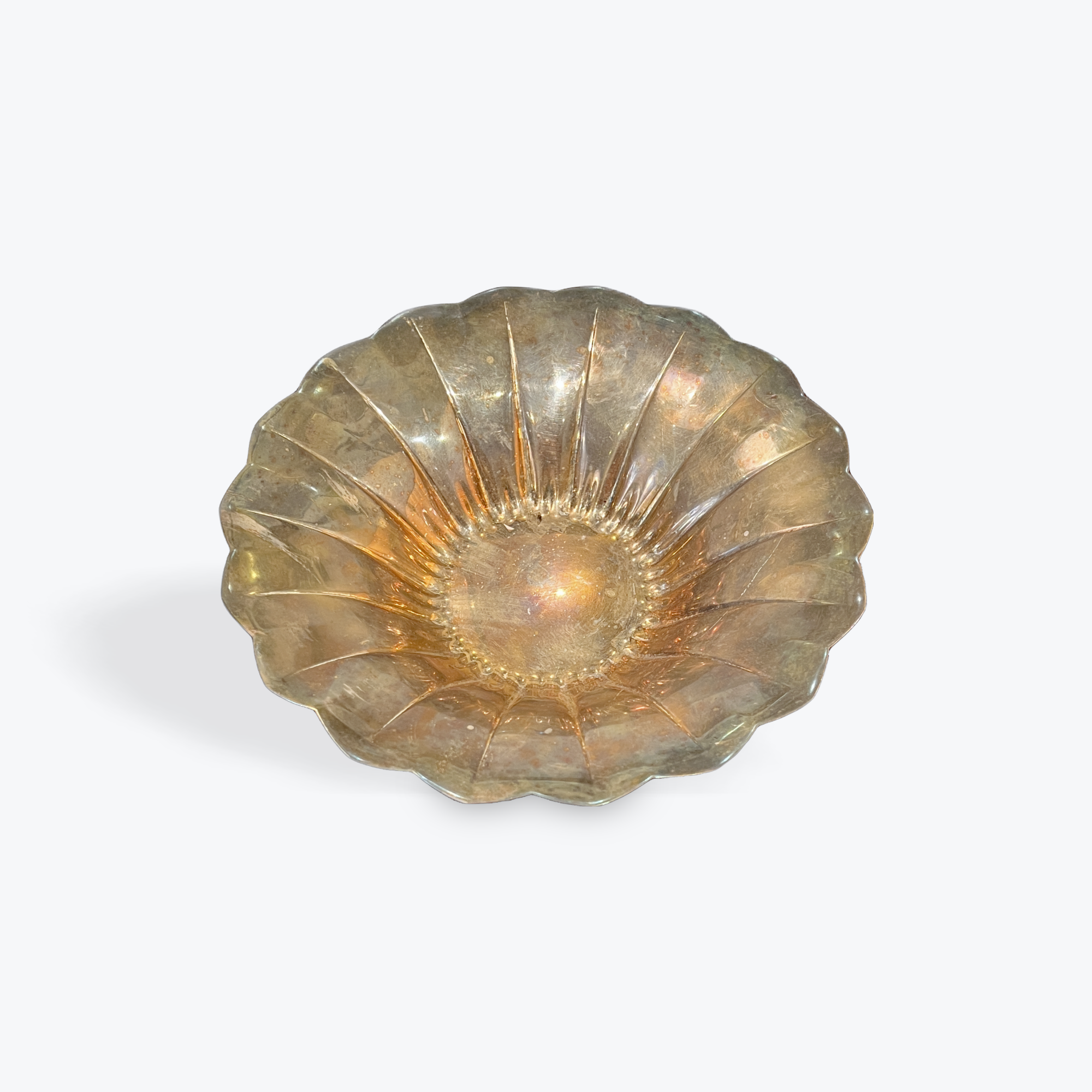 Decorative silver bowl with a scalloped edge on a white background