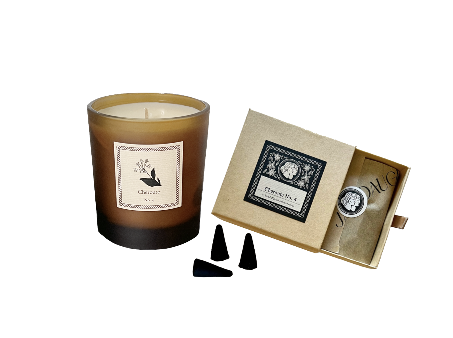 Candle with a label, three black incense cones, and an open box of incense with a decorative item on a white background