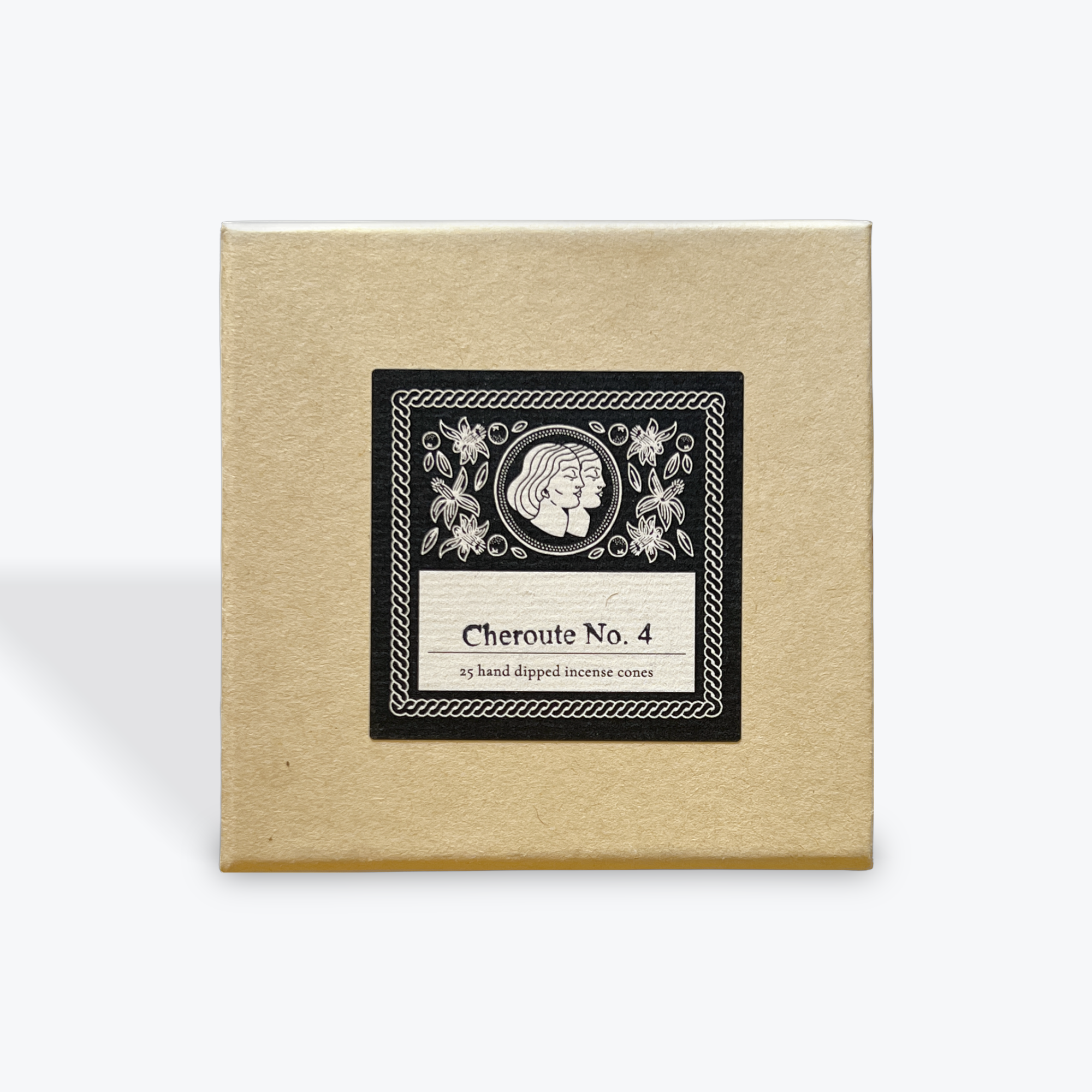 Beige incense box with a black label featuring decorative elements and text on a white background