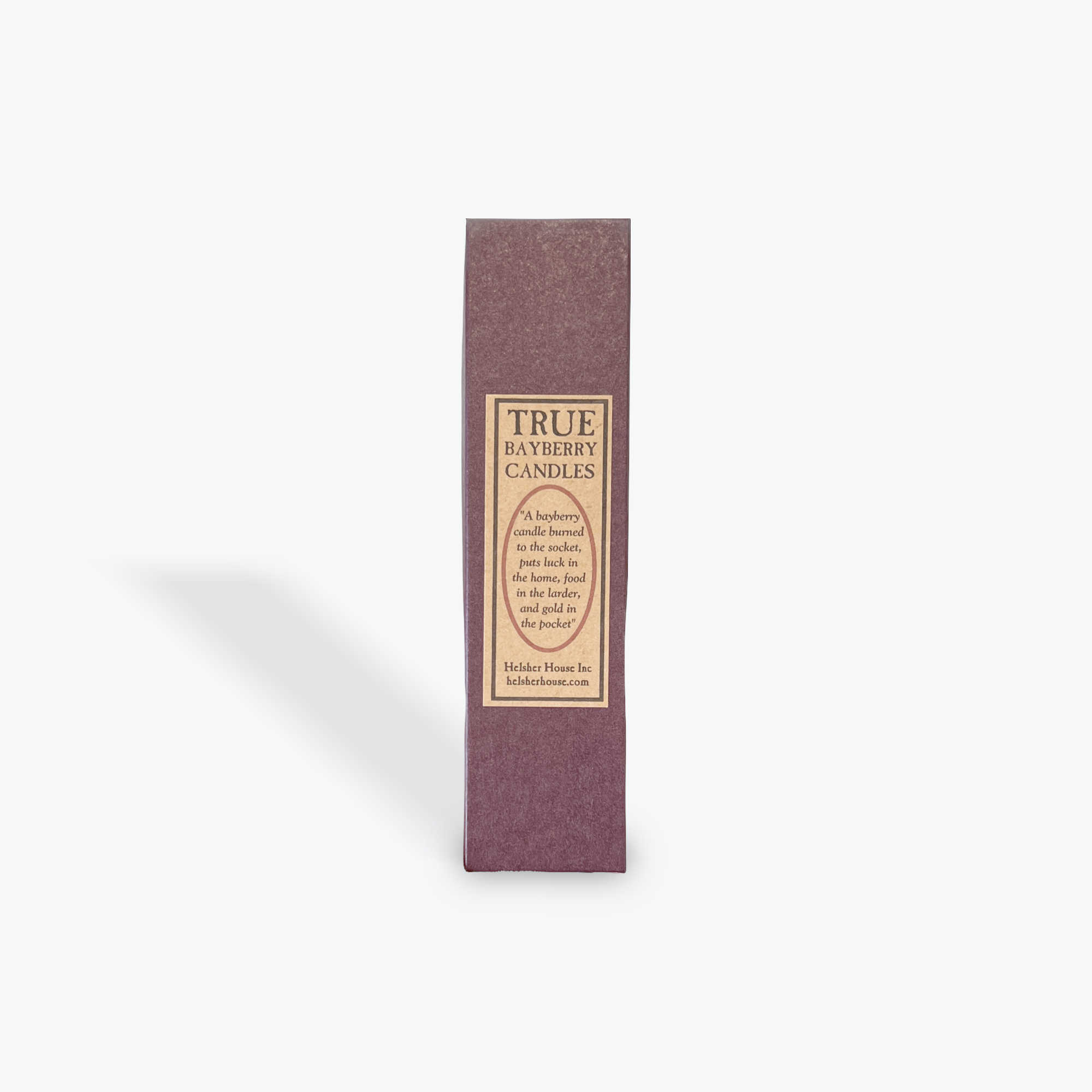 Purple box of True Bayberry Candles on a white background