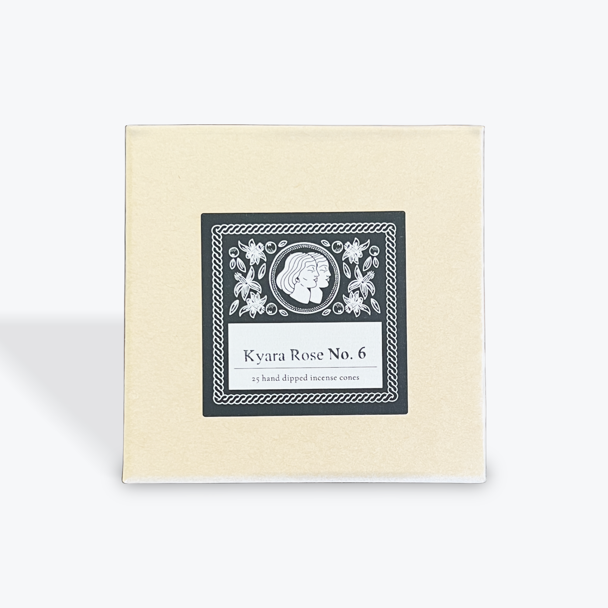 Box of Kyara Rose No. 6 hand-dipped incense cones on a beige background
