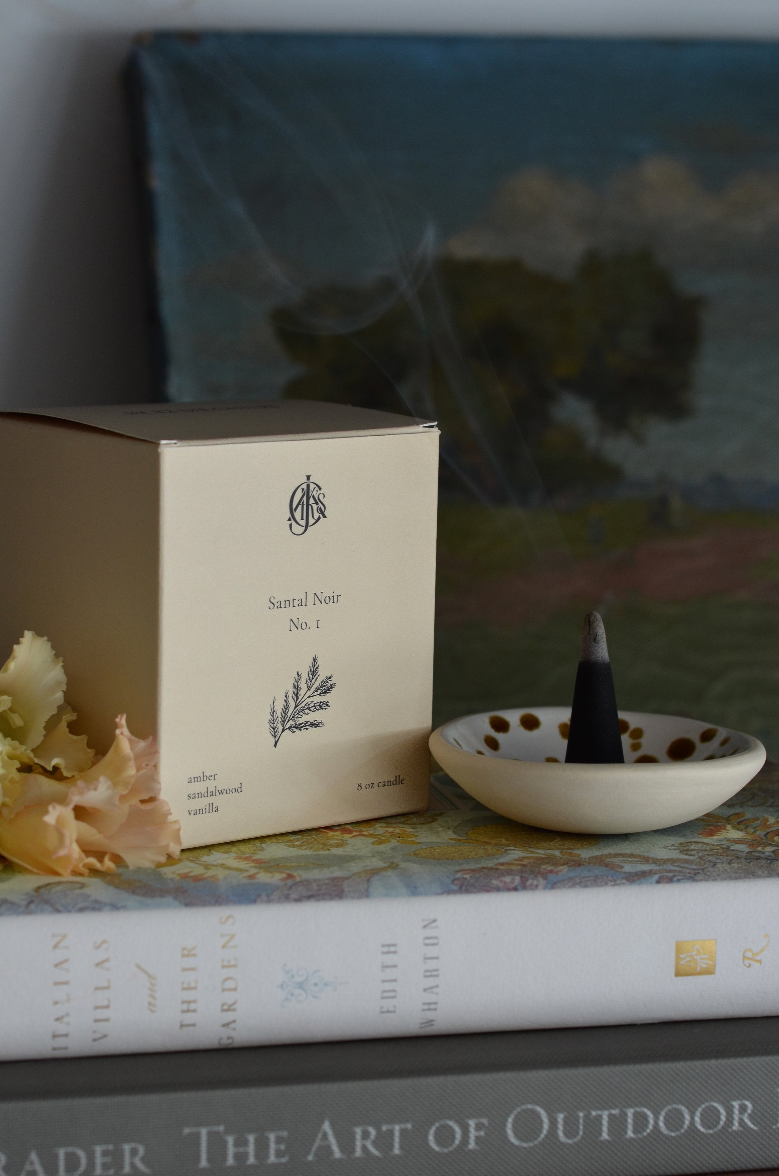 Incense cone holder with a cone on top of a book next to a box labeled 'Sandal Noir No. 1' against a blurred background.