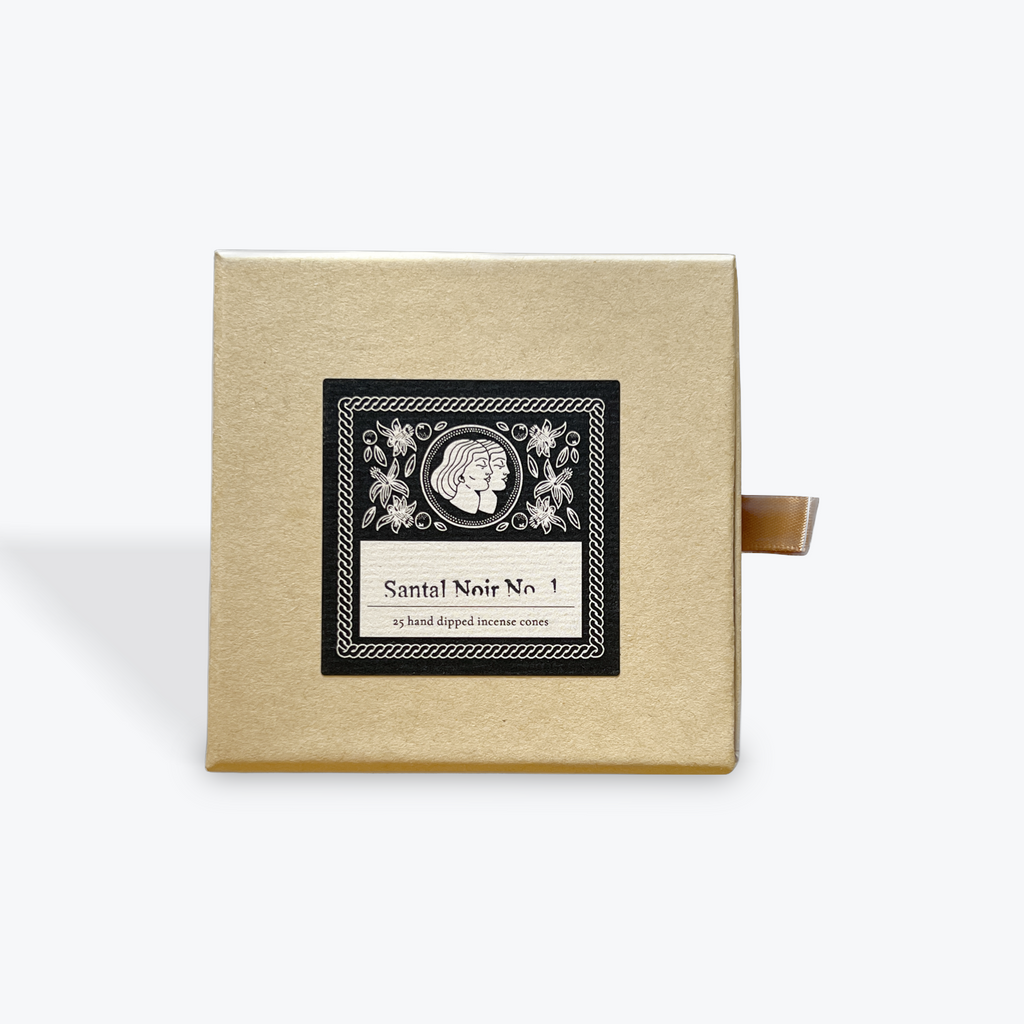 Box of Santal Noir No. 1 incense cones with decorative label on a white background