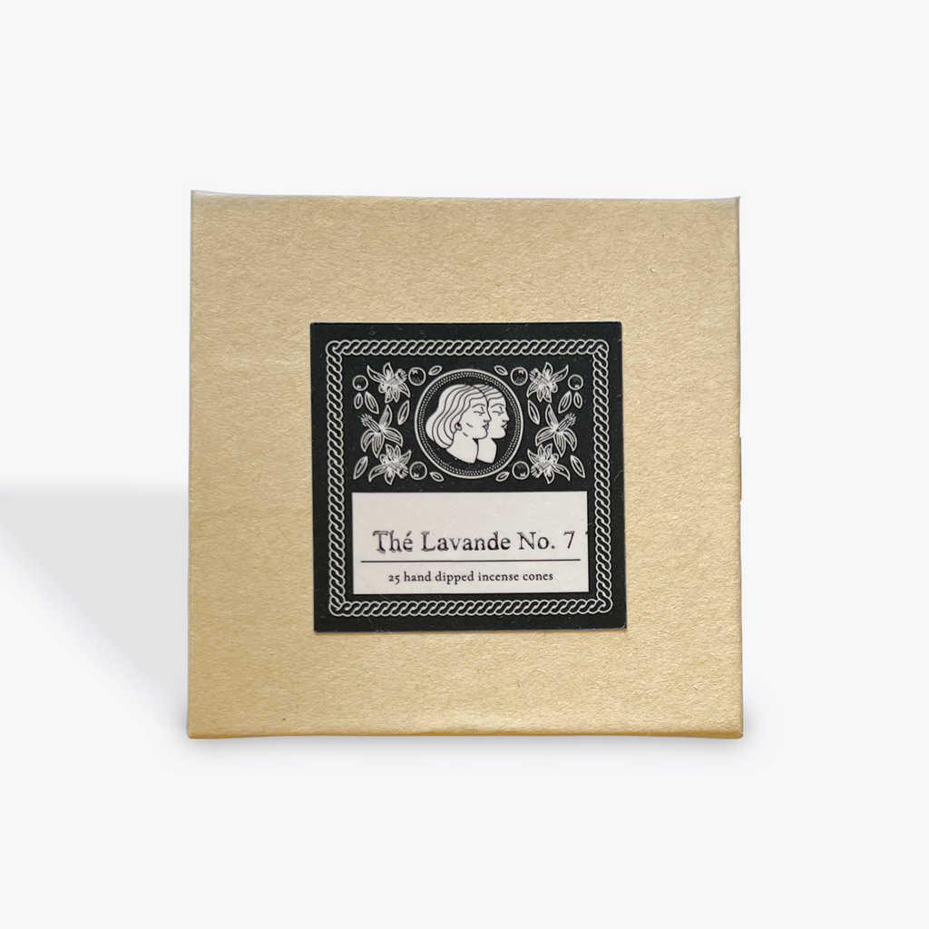 Box of Thé Lavande No. 7 incense cones with decorative label on a white background