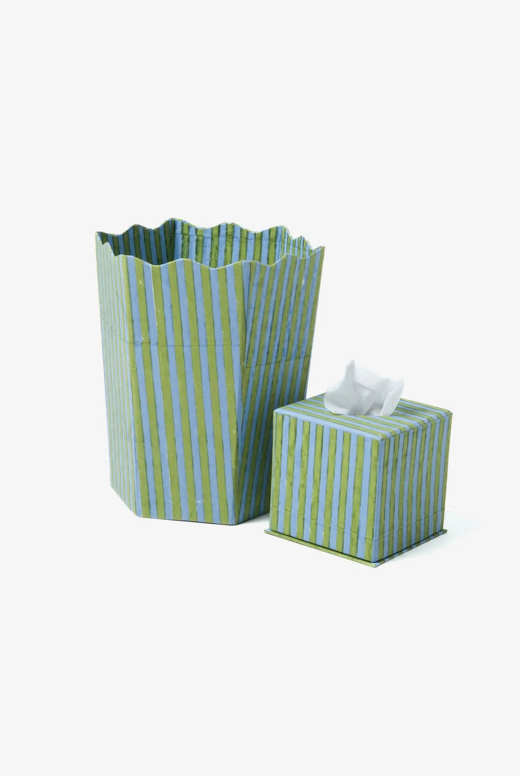Blue and green striped bin and tissue box  on a white background