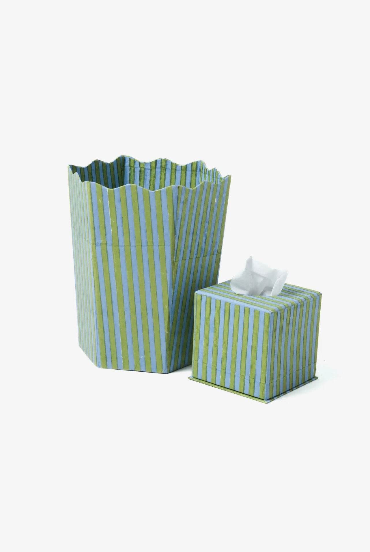 Blue and green striped bin and tissue box  on a white background