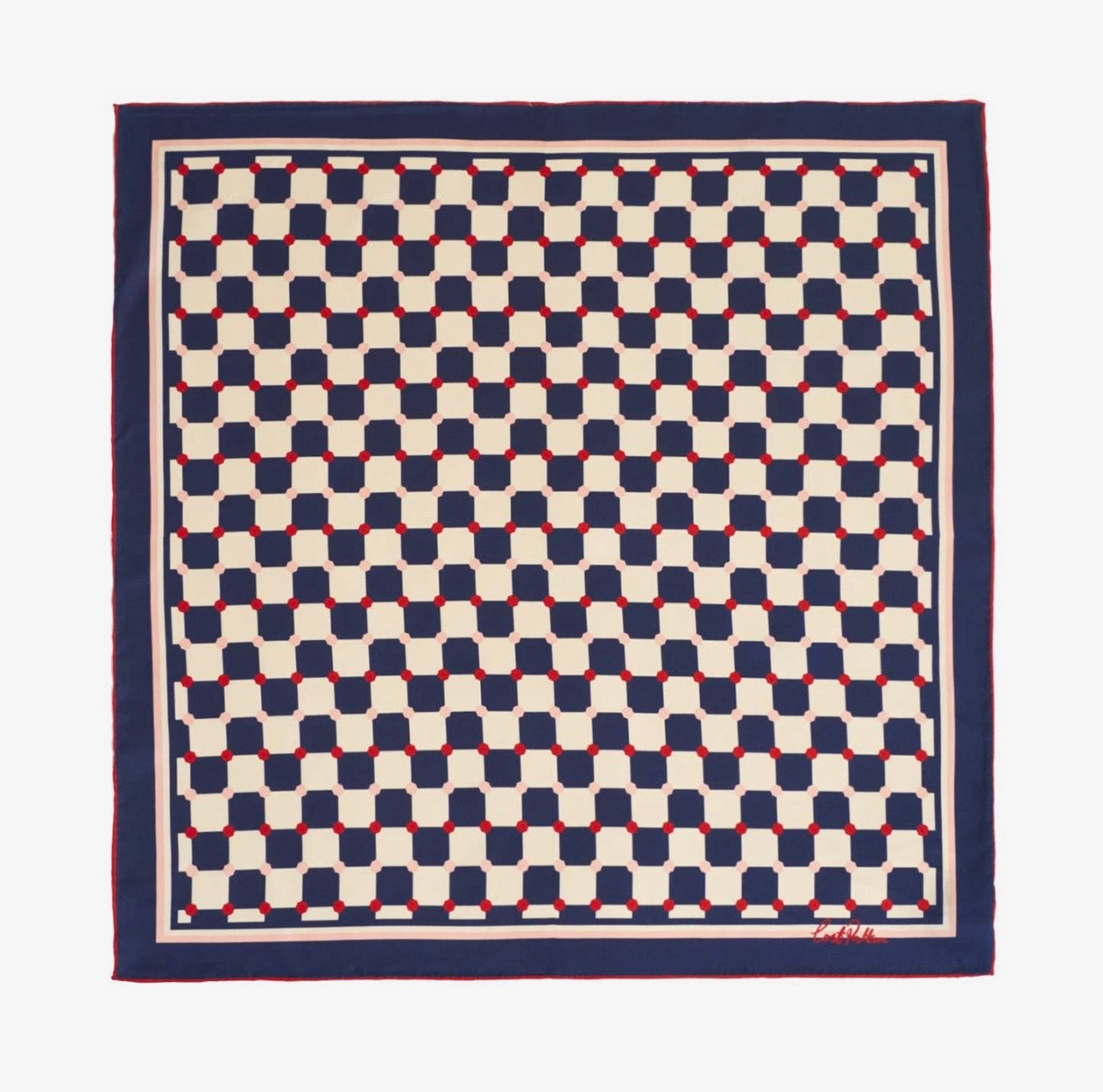 a blue and white checkered scarf with red dots on a white background