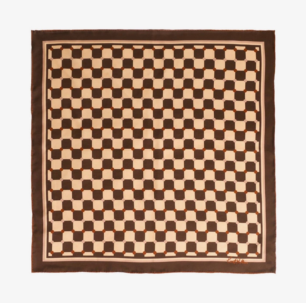 A brown and cream color checkered square scarf on a white background. 