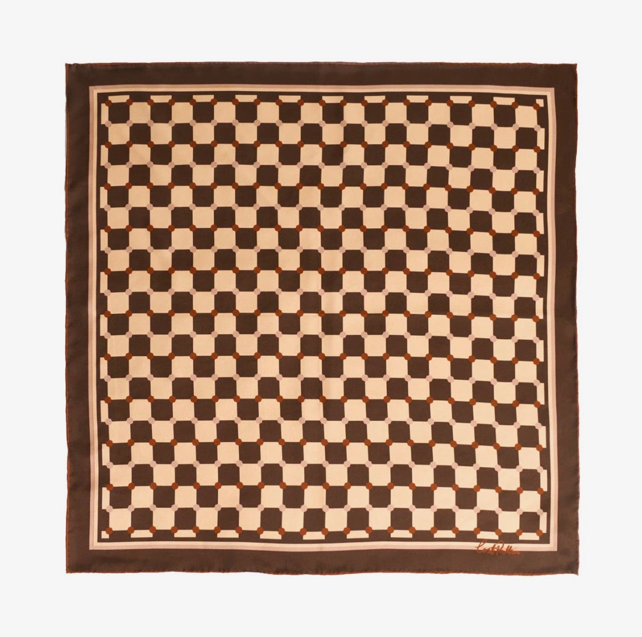 A brown and cream color checkered square scarf on a white background. 