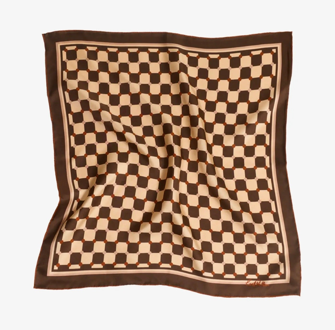 A brown and cream color checkered square scarf on a white background. 