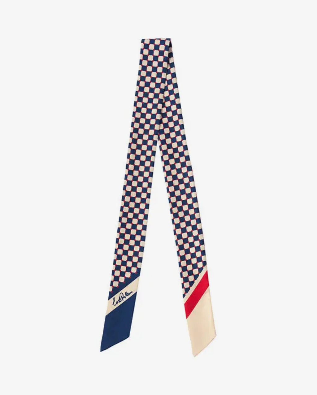 Checkered scarf with a red and blue border on a white background