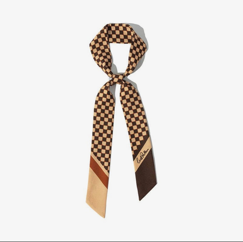 Brown and cream Checkered scarf with a brand logo on a white background