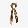 Brown and cream Checkered scarf with a brand logo on a white background