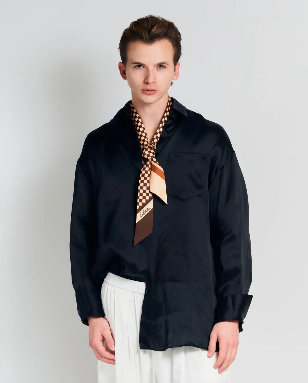 Checkerboard silk twill skinny scarf, coffee