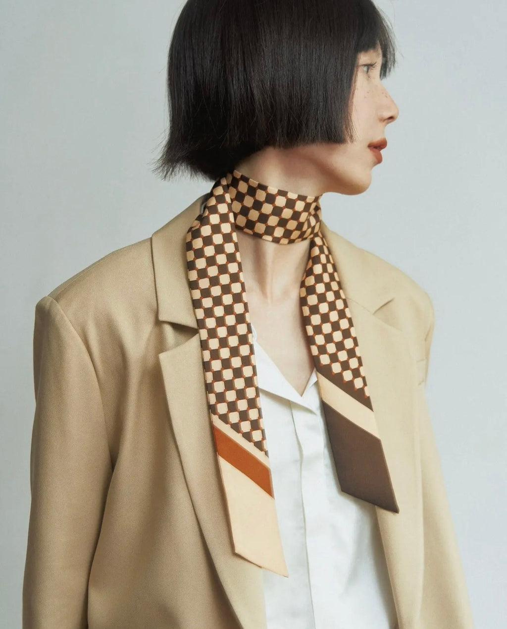 Checkerboard silk twill skinny scarf, coffee