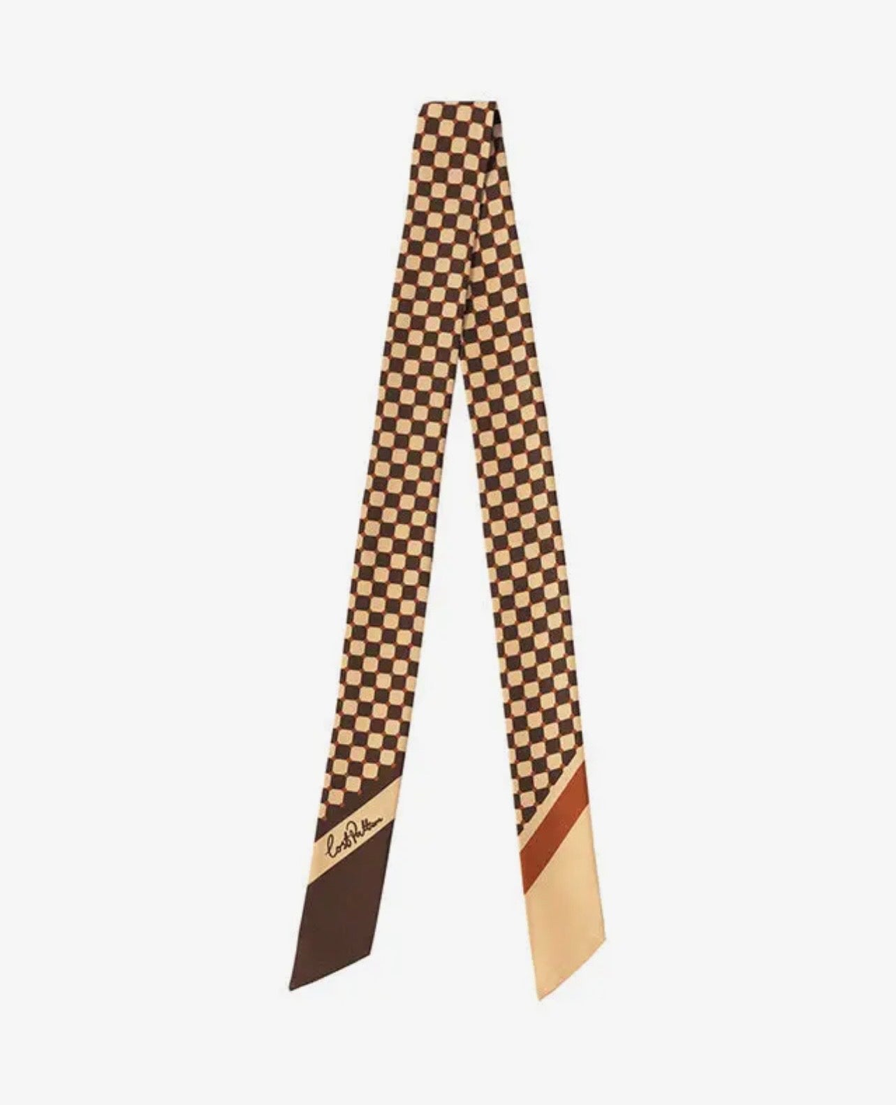 Checkerboard silk twill skinny scarf, coffee