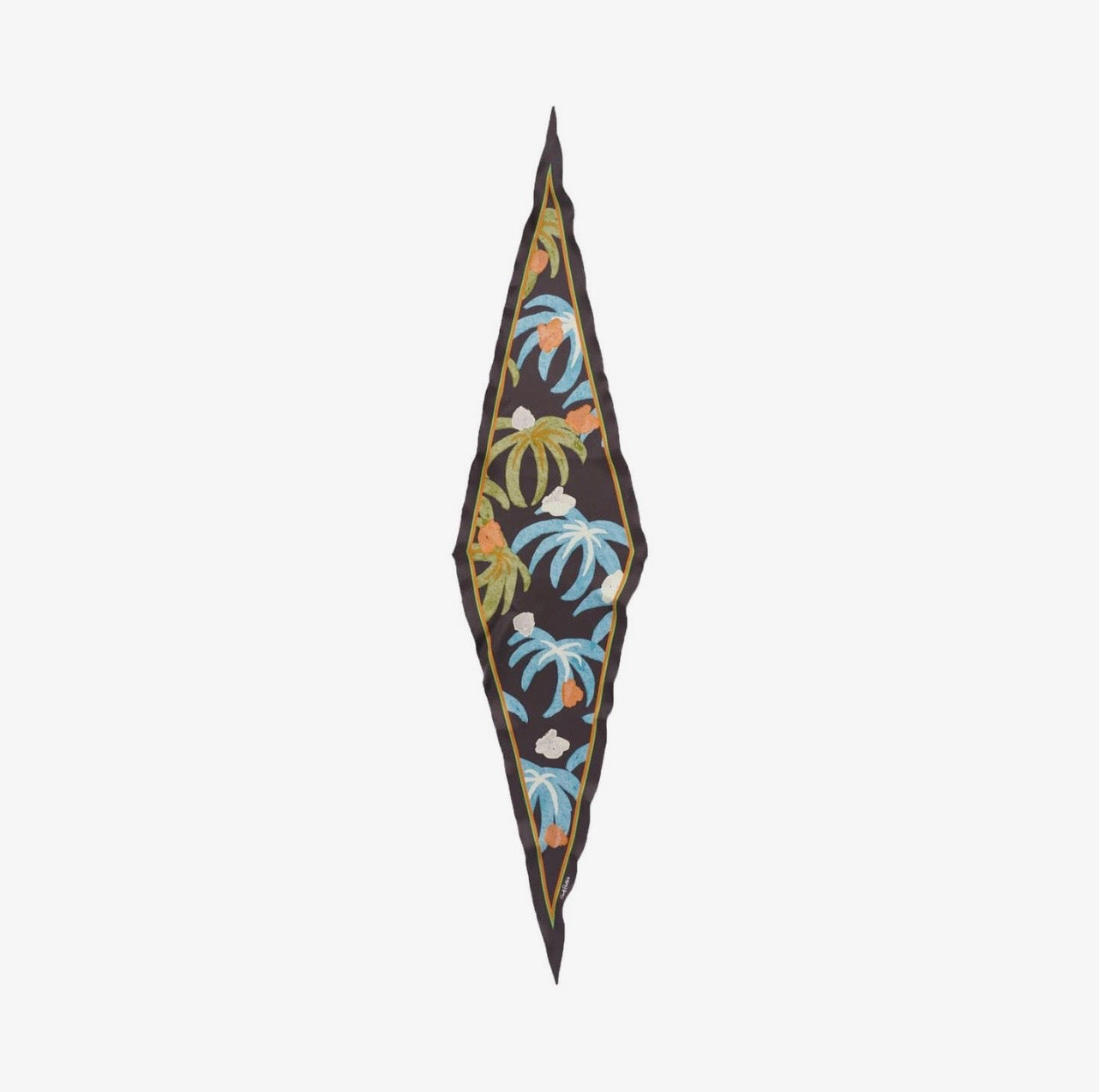 Diamond shape scarf with tropical print on a white background.