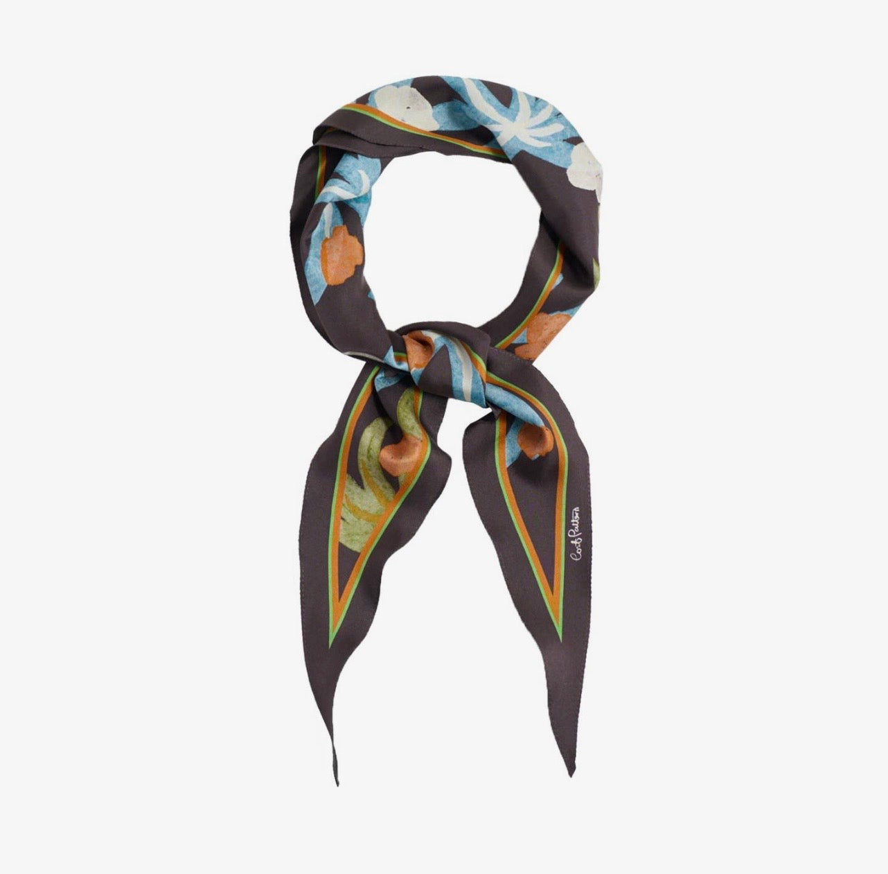 A brown, blue and orange neckerchief tied in a circle on a white background. 