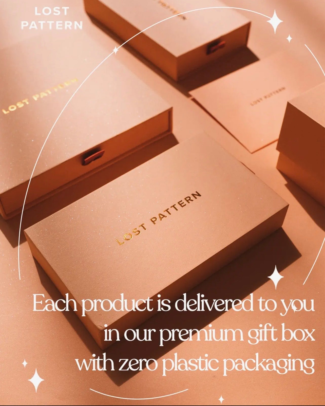 Premium gift boxes with 'Lost Pattern' branding and text about zero plastic packaging.