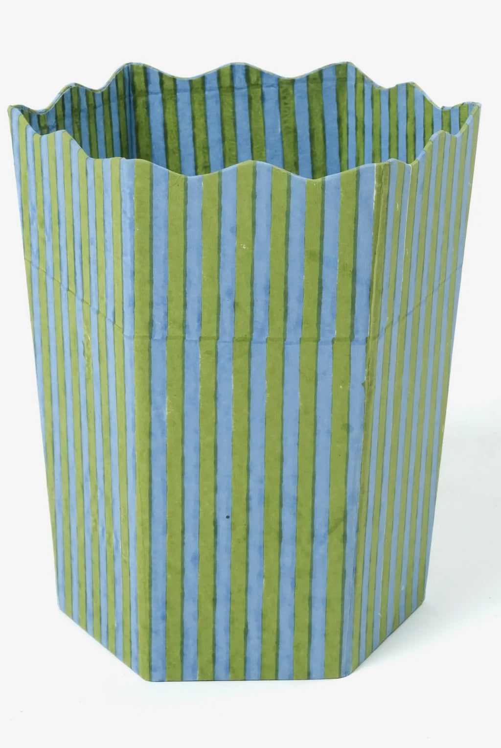 Striped bin with blue and green vertical stripes on a white background